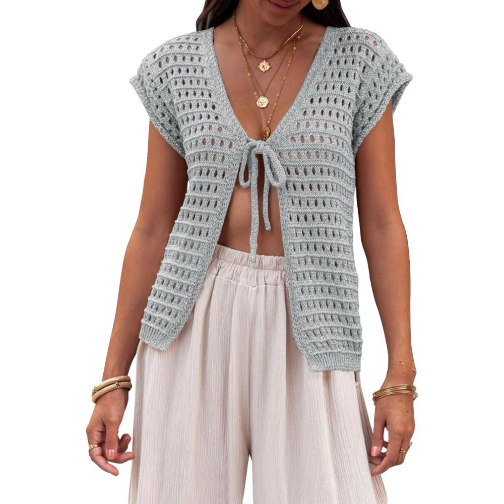imageSaodimallsu Womens Tie Crochet Shrug Short Sleeve Open Front Lightweight Knit Cropped Cardigan Sweaters Cover UpGrey