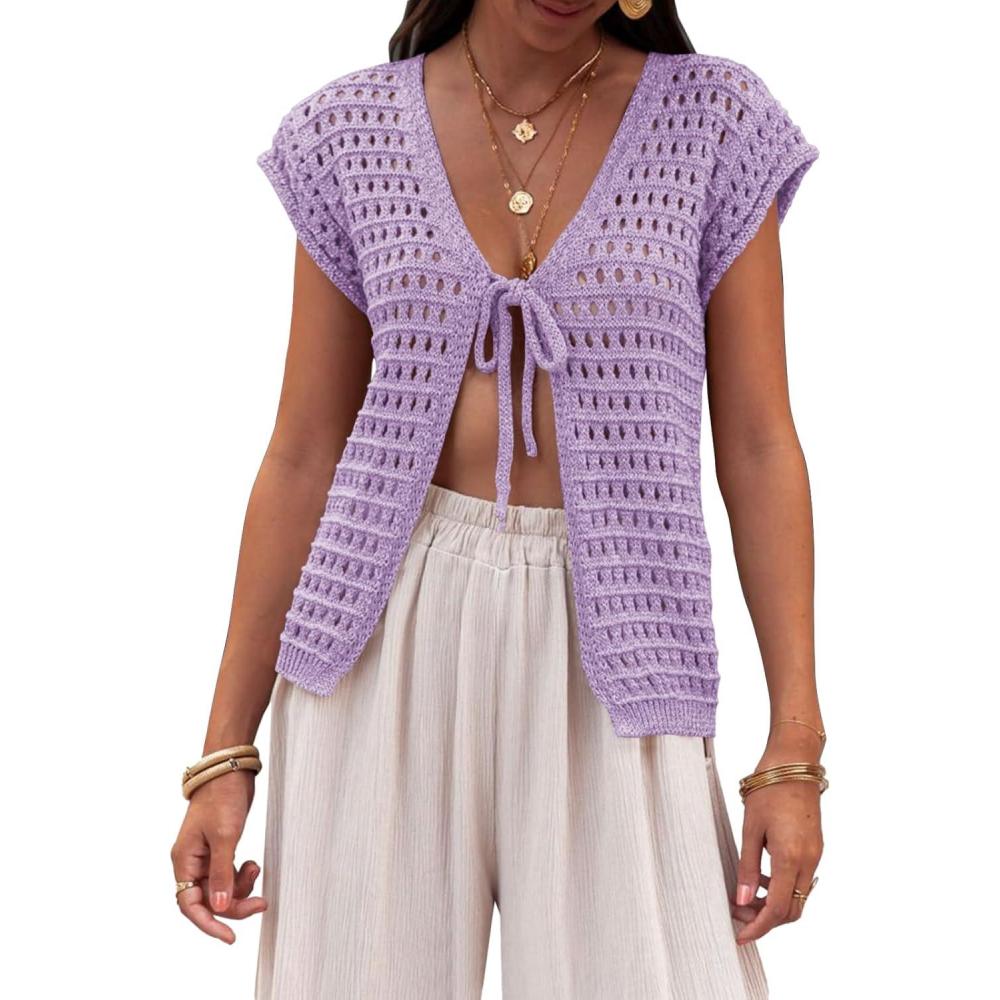 imageSaodimallsu Womens Tie Crochet Shrug Short Sleeve Open Front Lightweight Knit Cropped Cardigan Sweaters Cover UpPurple