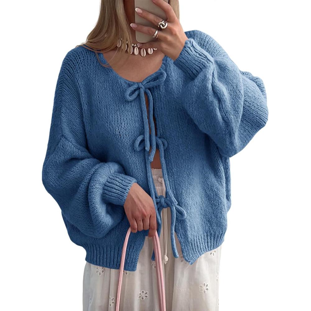 imageSaodimallsu Womens Tie Front Cardigan Sweaters Cute Bow Puff Long Sleeve 2025 Fall Loose Ribbed Knit Trendy Sweater TopsBlue