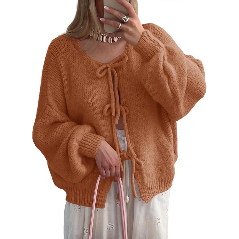 imageSaodimallsu Womens Tie Front Cardigan Sweaters Cute Bow Puff Long Sleeve 2025 Fall Loose Ribbed Knit Trendy Sweater TopsBrick Red