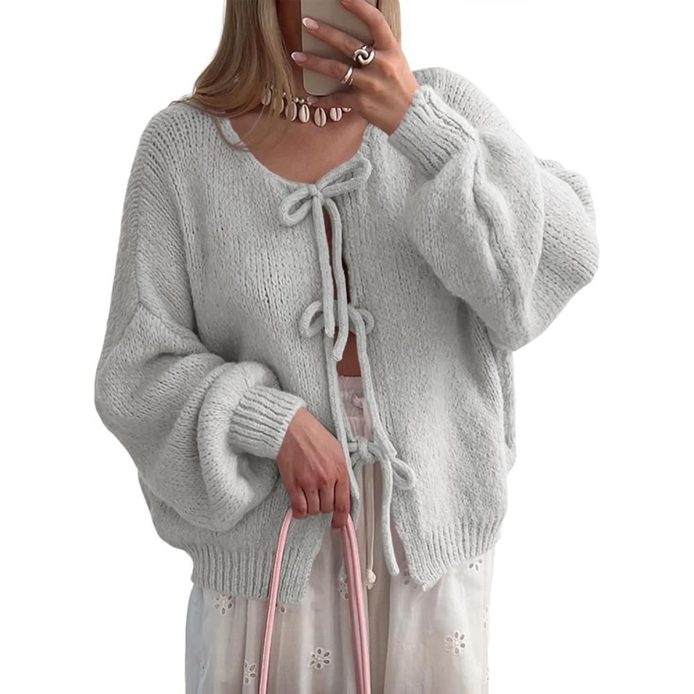 imageSaodimallsu Womens Tie Front Cardigan Sweaters Cute Bow Puff Long Sleeve 2025 Fall Loose Ribbed Knit Trendy Sweater TopsGrey