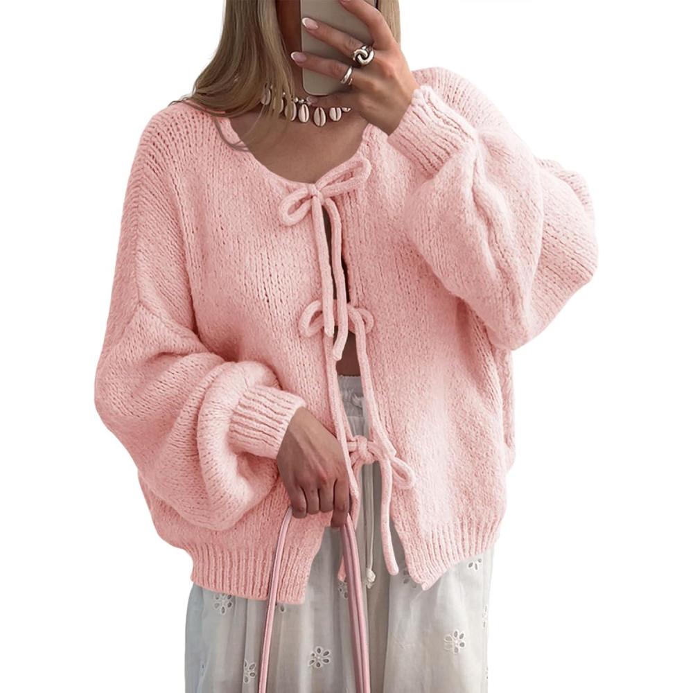 imageSaodimallsu Womens Tie Front Cardigan Sweaters Cute Bow Puff Long Sleeve 2025 Fall Loose Ribbed Knit Trendy Sweater TopsPink