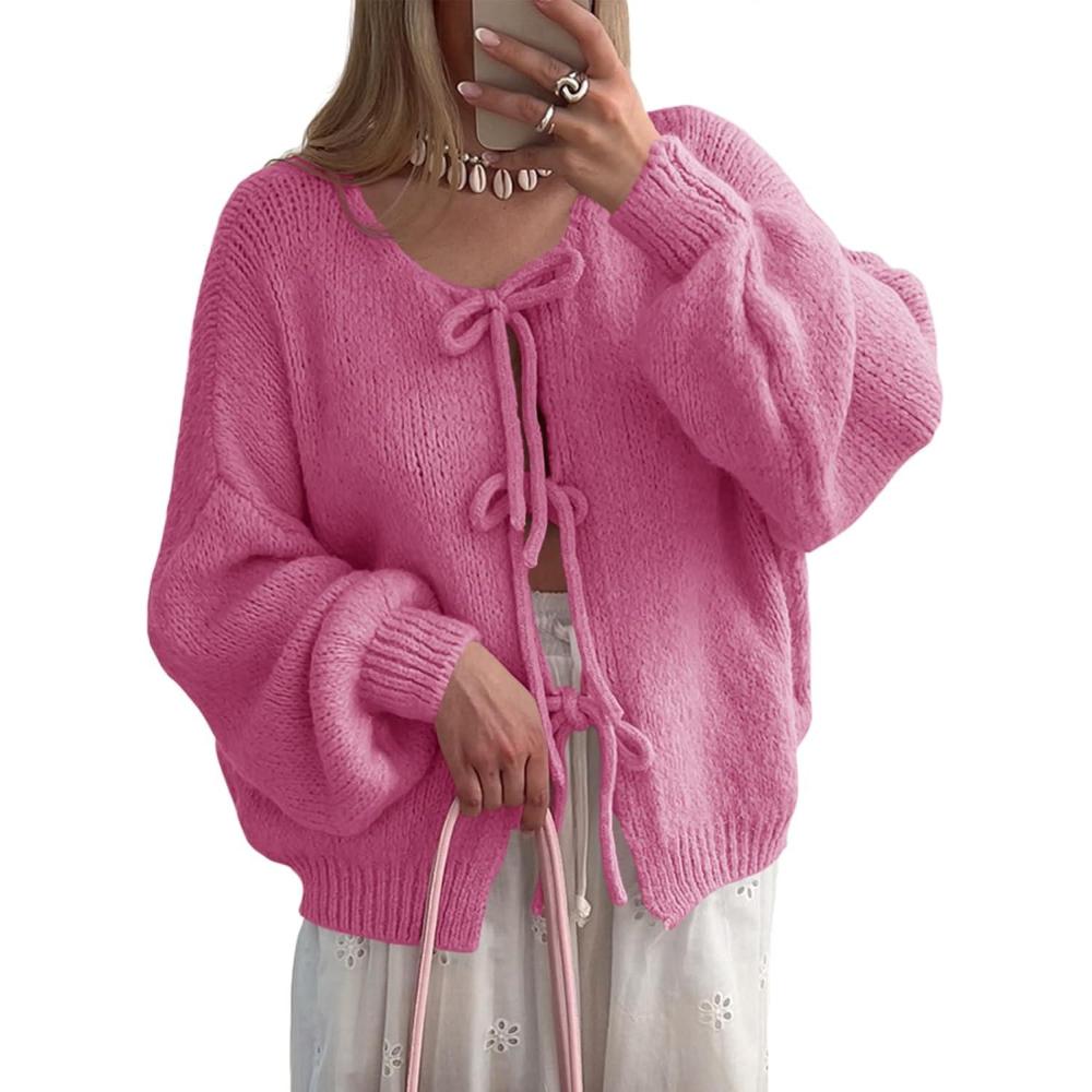 imageSaodimallsu Womens Tie Front Cardigan Sweaters Cute Bow Puff Long Sleeve 2025 Fall Loose Ribbed Knit Trendy Sweater TopsRose Red