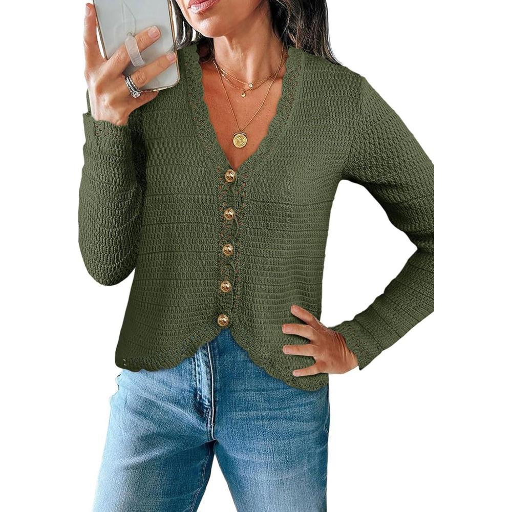 imageSaodimallsu Womens V Neck Cardigan Sweaters Button Up Cropped Boho Knit Long Sleeve Loose Trendy Sweater TopsArmy Green
