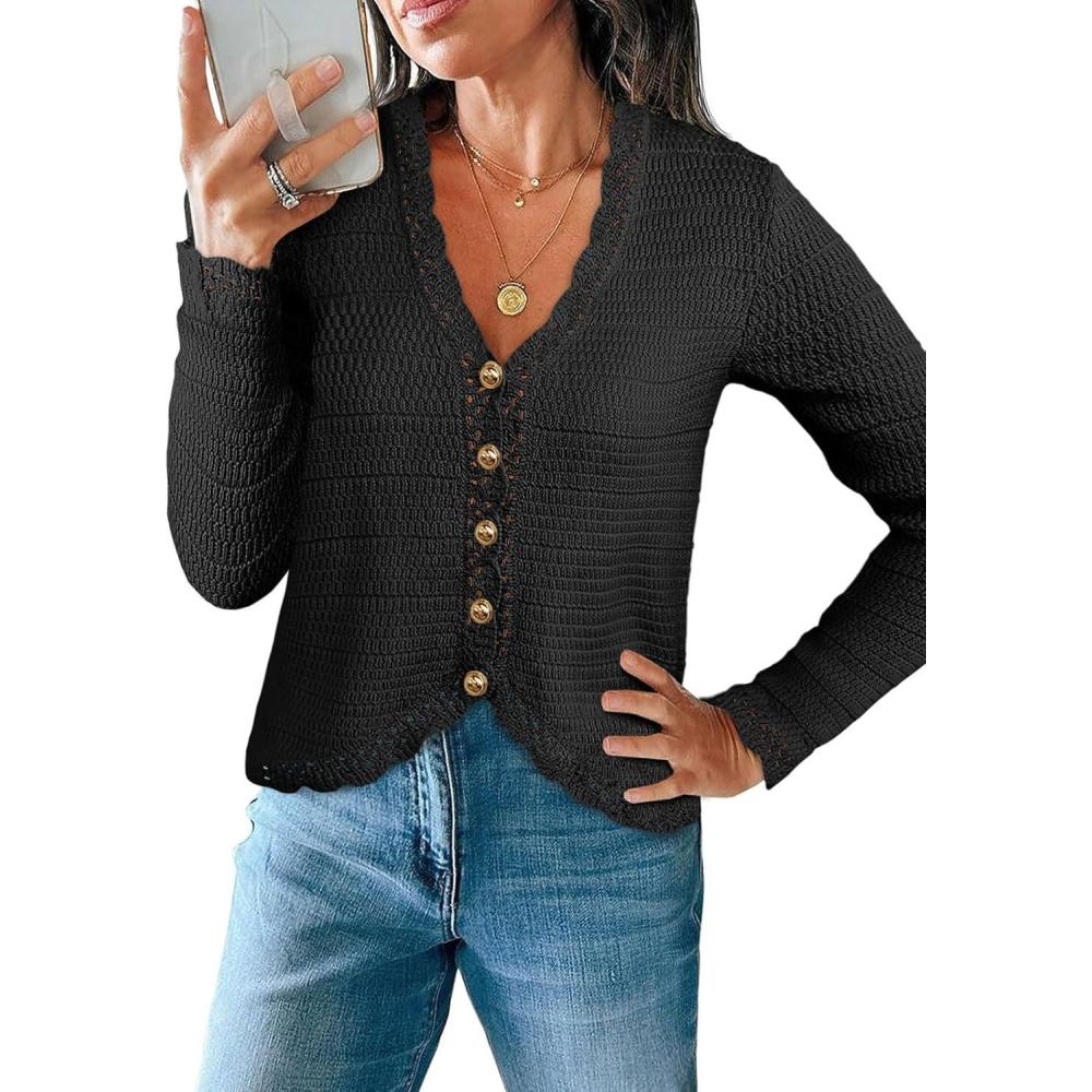 imageSaodimallsu Womens V Neck Cardigan Sweaters Button Up Cropped Boho Knit Long Sleeve Loose Trendy Sweater TopsBlack
