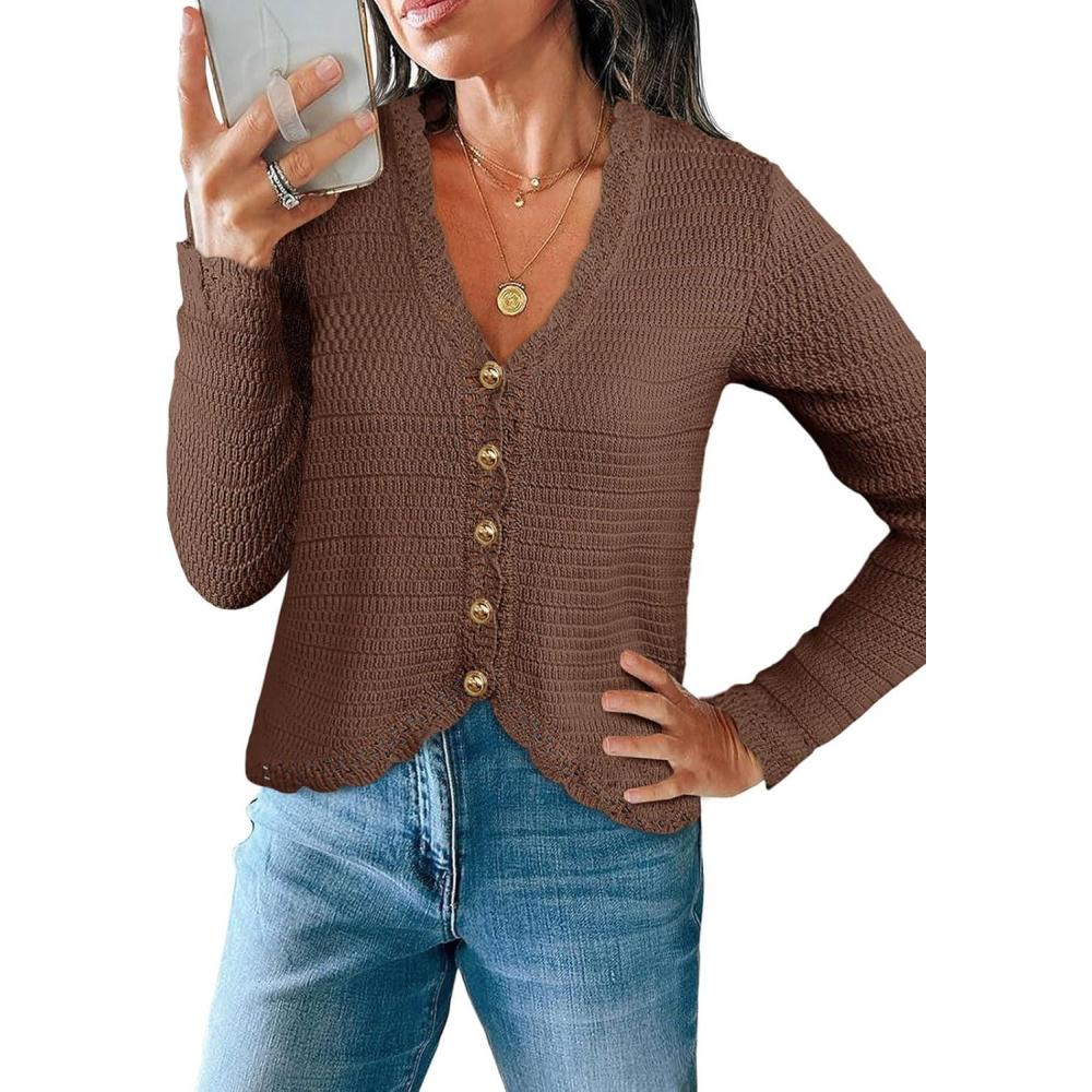 imageSaodimallsu Womens V Neck Cardigan Sweaters Button Up Cropped Boho Knit Long Sleeve Loose Trendy Sweater TopsBrown