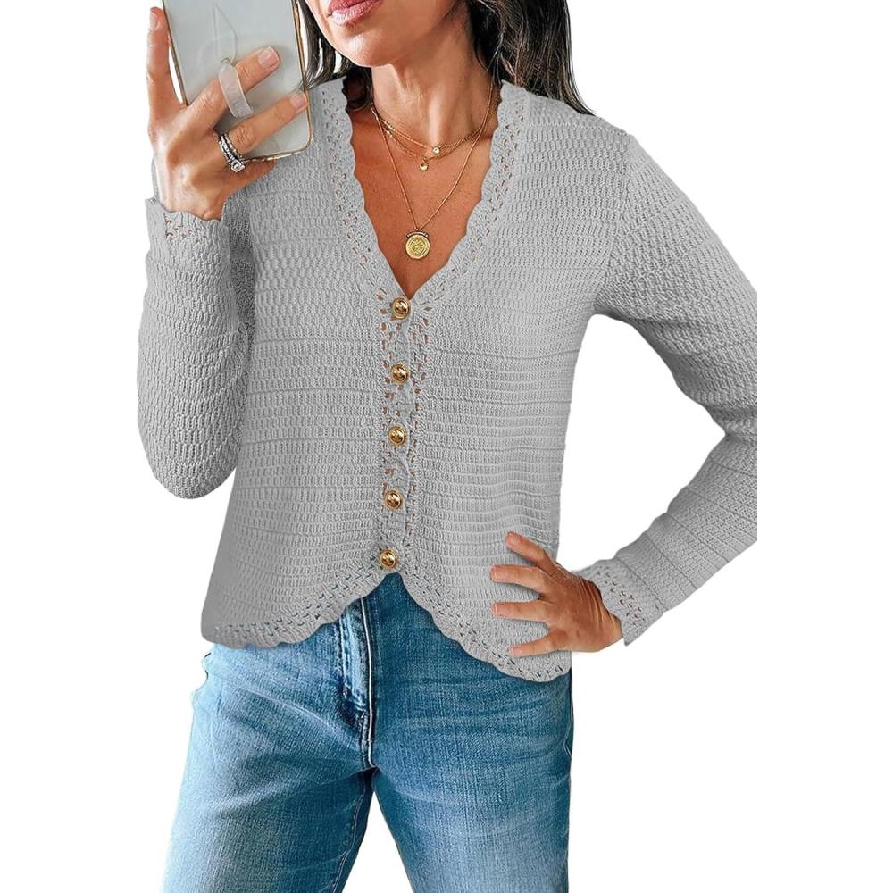 imageSaodimallsu Womens V Neck Cardigan Sweaters Button Up Cropped Boho Knit Long Sleeve Loose Trendy Sweater TopsGray