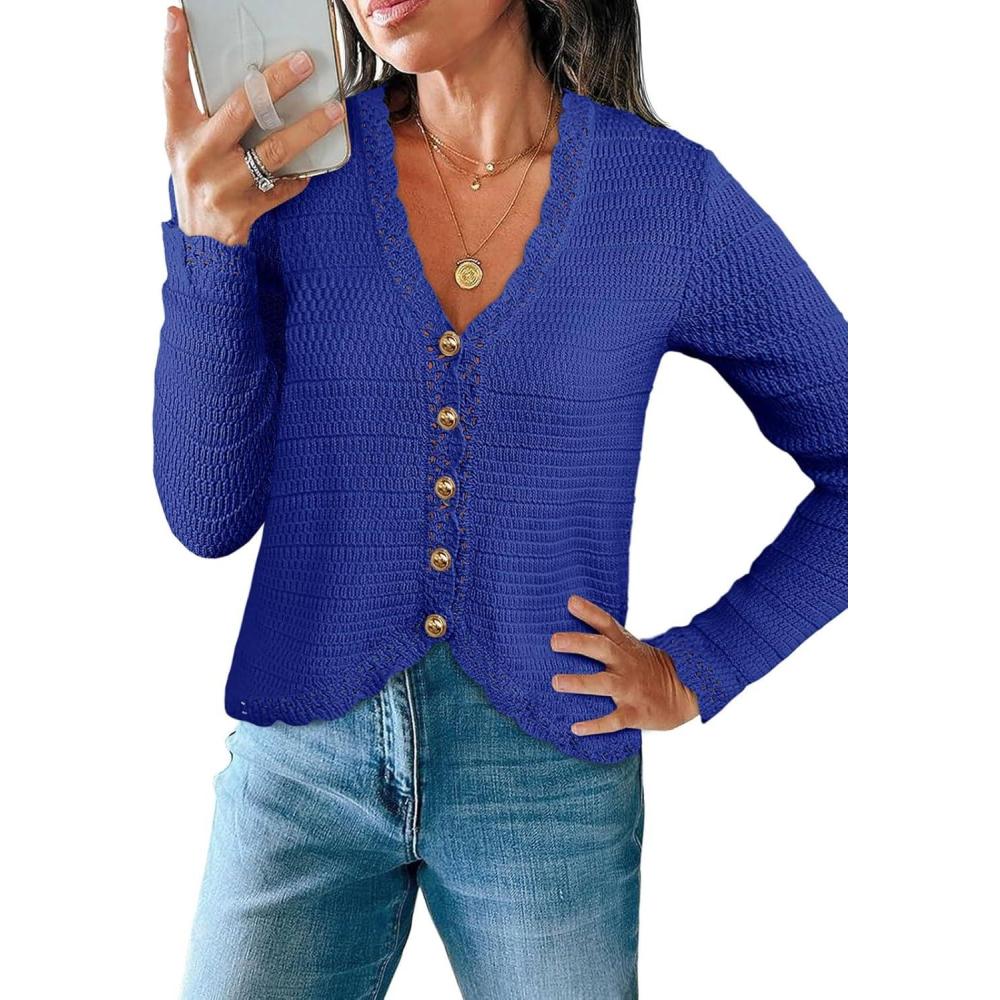 imageSaodimallsu Womens V Neck Cardigan Sweaters Button Up Cropped Boho Knit Long Sleeve Loose Trendy Sweater TopsRoyal Blue