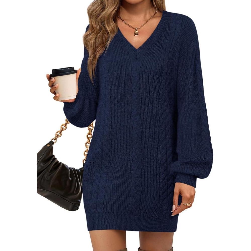 imageSaodimallsu Womens V Neck Mini Sweater Dress Cable Knit Long Lantern Sleeve Casual Loose Fall Tunic Pullover SweatersNavy Blue