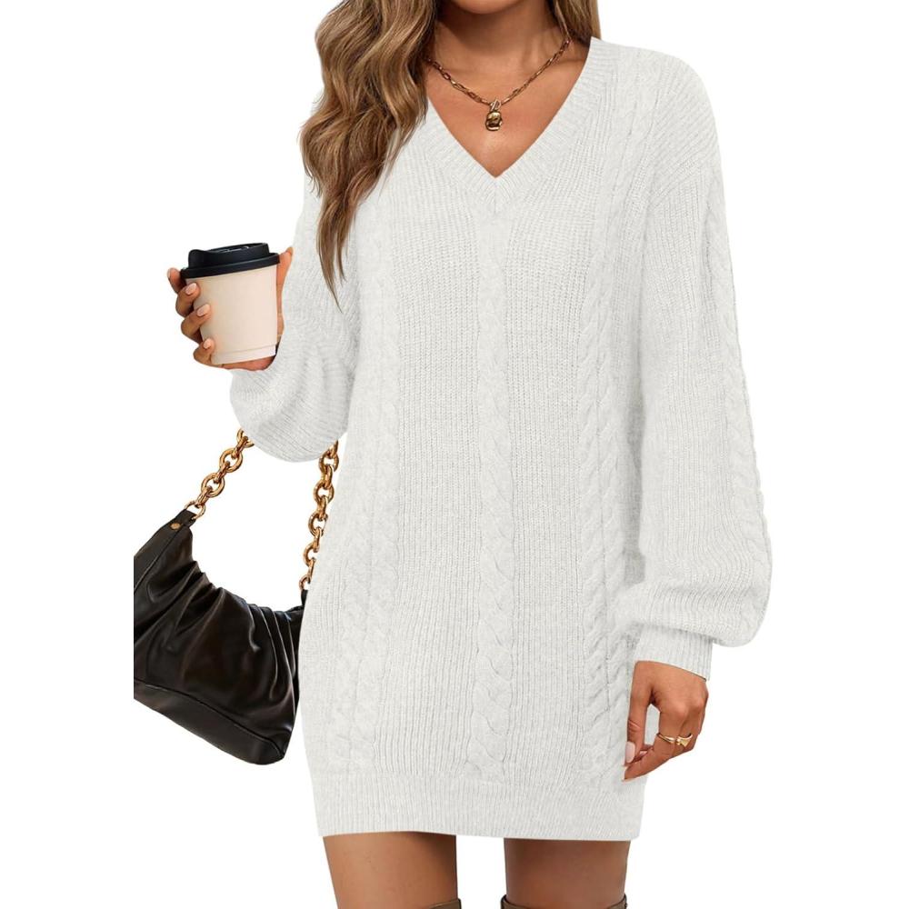 imageSaodimallsu Womens V Neck Mini Sweater Dress Cable Knit Long Lantern Sleeve Casual Loose Fall Tunic Pullover SweatersWhite