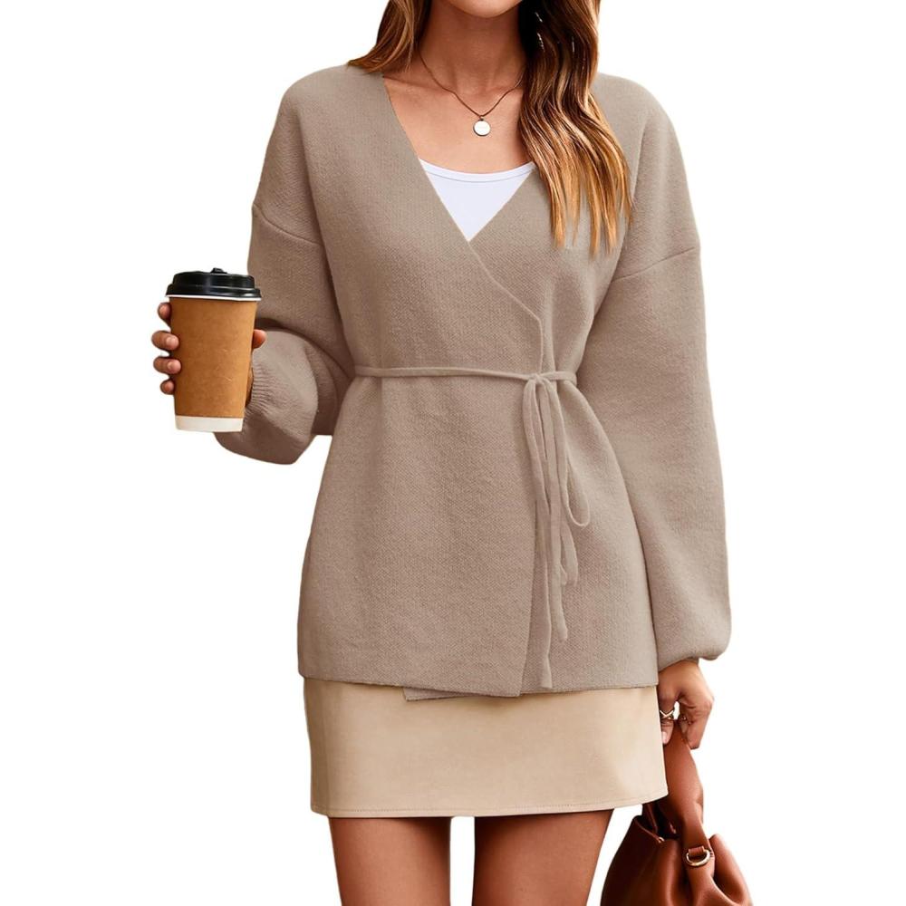 imageSaodimallsu Womens Wrap V Neck Cardigan Sweaters Tie Front Long Sleeve Soft Knit Dressy Work Fall Sweater BlazerKhaki