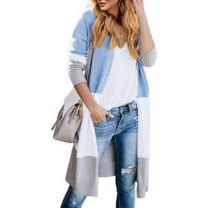 Lovaru Womens Boho Open Front Cardigan Colorblock Long Sleeve Loose Knit Lightweight Sweaters(Z-blue)