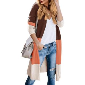 Lovaru Womens Boho Open Front Cardigan Colorblock Long Sleeve Loose Knit Lightweight Sweaters(Z-brown)