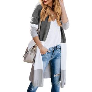 Lovaru Womens Boho Open Front Cardigan Colorblock Long Sleeve Loose Knit Lightweight Sweaters(Z-dark Grey)