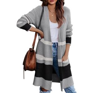 Lovaru Womens Boho Open Front Cardigan Colorblock Long Sleeve Loose Knit Lightweight Sweaters(Ze-gray)