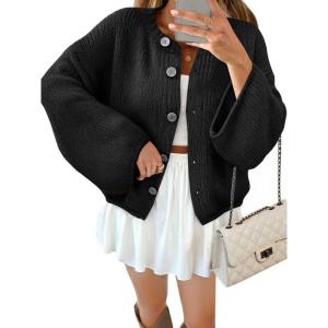 Saodimallsu Women 2025 Oversized Button Down Cardigan Chunky Knit Long Sleeve Sweater(Black)