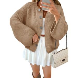 Saodimallsu Women 2025 Oversized Button Down Cardigan Chunky Knit Long Sleeve Sweater(Khaki)