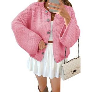 Saodimallsu Women 2025 Oversized Button Down Cardigan Chunky Knit Long Sleeve Sweater(Pink)