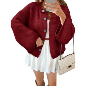 Saodimallsu Women 2025 Oversized Button Down Cardigan Chunky Knit Long Sleeve Sweater(Wine Red)