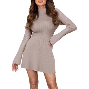 Saodimallsu Womens A Line Mini Sweater Dress Long Sleeve Bodycon Ribbed Knit Mock Neck Fall Short Dresses(Khaki)