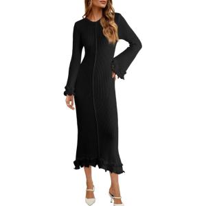 Saodimallsu Womens Bell Long Sleeve Knit Dress Ruffle Bodycon Ribbed Cocktail Party Crew Neck Midi Sweater Dresses(Black)