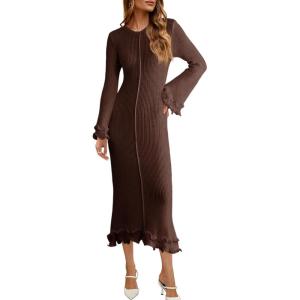 Saodimallsu Womens Bell Long Sleeve Knit Dress Ruffle Bodycon Ribbed Cocktail Party Crew Neck Midi Sweater Dresses(Brown)