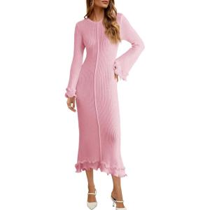 Saodimallsu Womens Bell Long Sleeve Knit Dress Ruffle Bodycon Ribbed Cocktail Party Crew Neck Midi Sweater Dresses(Pink)