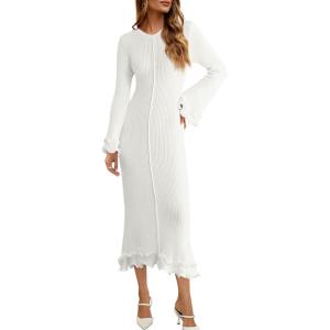 Saodimallsu Womens Bell Long Sleeve Knit Dress Ruffle Bodycon Ribbed Cocktail Party Crew Neck Midi Sweater Dresses(White)