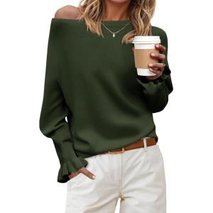Saodimallsu Womens Boat Neck Batwing Sweaters Dolman Ruffle Long Sleeve Off Shoulder Fall Loose Knit Pullover Tops(Army Green)
