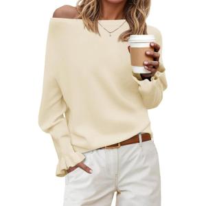 Saodimallsu Womens Boat Neck Batwing Sweaters Dolman Ruffle Long Sleeve Off Shoulder Fall Loose Knit Pullover Tops(Beige)