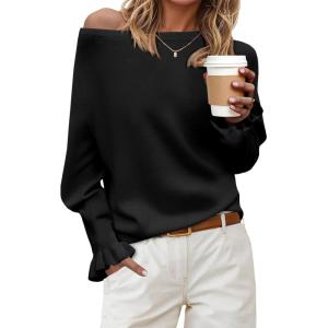 Saodimallsu Womens Boat Neck Batwing Sweaters Dolman Ruffle Long Sleeve Off Shoulder Fall Loose Knit Pullover Tops(Black)