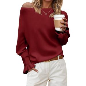Saodimallsu Womens Boat Neck Batwing Sweaters Dolman Ruffle Long Sleeve Off Shoulder Fall Loose Knit Pullover Tops(Burgundy)