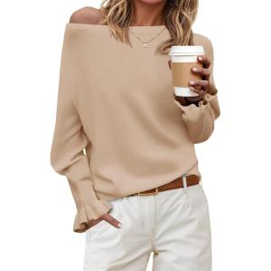 Saodimallsu Womens Boat Neck Batwing Sweaters Dolman Ruffle Long Sleeve Off Shoulder Fall Loose Knit Pullover Tops(Khaki)