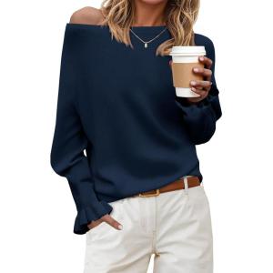 Saodimallsu Womens Boat Neck Batwing Sweaters Dolman Ruffle Long Sleeve Off Shoulder Fall Loose Knit Pullover Tops(Navy Blue)