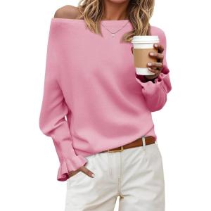 Saodimallsu Womens Boat Neck Batwing Sweaters Dolman Ruffle Long Sleeve Off Shoulder Fall Loose Knit Pullover Tops(Pink)