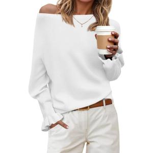 Saodimallsu Womens Boat Neck Batwing Sweaters Dolman Ruffle Long Sleeve Off Shoulder Fall Loose Knit Pullover Tops(White)