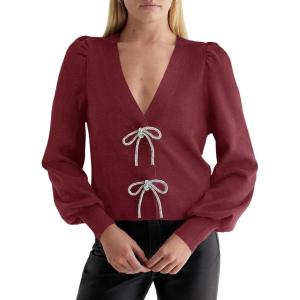Saodimallsu Womens Bow Button Front Cardigan Sweaters V Neck Cropped Knit Sweater(Burgundy)