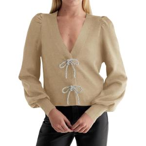 Saodimallsu Womens Bow Button Front Cardigan Sweaters V Neck Cropped Knit Sweater(Khaki)