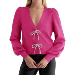 Saodimallsu Womens Bow Button Front Cardigan Sweaters V Neck Cropped Knit Sweater(Rose Red)