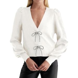 Saodimallsu Womens Bow Button Front Cardigan Sweaters V Neck Cropped Knit Sweater(White)