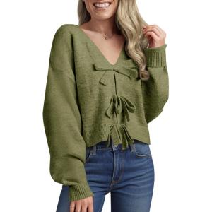 Saodimallsu Womens Bow Sweater Cropped V Neck Long Sleeve Fall Cozy Knit Loose Trendy Pullover Sweaters(Army Green)