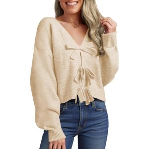 Saodimallsu Womens Bow Sweater Cropped V Neck Long Sleeve Fall Cozy Knit Loose Trendy Pullover Sweaters(Beige)