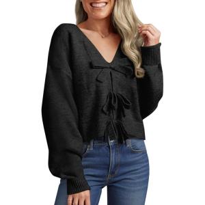 Saodimallsu Womens Bow Sweater Cropped V Neck Long Sleeve Fall Cozy Knit Loose Trendy Pullover Sweaters(Black)