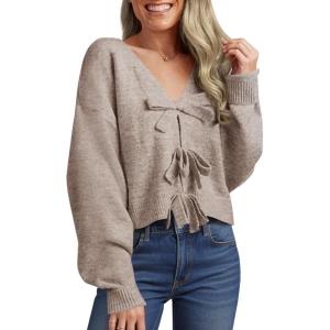 Saodimallsu Womens Bow Sweater Cropped V Neck Long Sleeve Fall Cozy Knit Loose Trendy Pullover Sweaters(Brown)