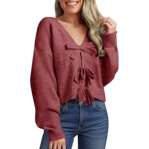 Saodimallsu Womens Bow Sweater Cropped V Neck Long Sleeve Fall Cozy Knit Loose Trendy Pullover Sweaters(Burgundy)