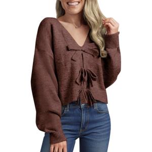 Saodimallsu Womens Bow Sweater Cropped V Neck Long Sleeve Fall Cozy Knit Loose Trendy Pullover Sweaters(Coffee)