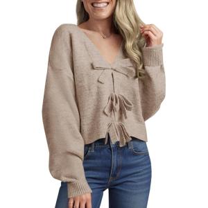 Saodimallsu Womens Bow Sweater Cropped V Neck Long Sleeve Fall Cozy Knit Loose Trendy Pullover Sweaters(Dark Apricot)