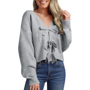 Saodimallsu Womens Bow Sweater Cropped V Neck Long Sleeve Fall Cozy Knit Loose Trendy Pullover Sweaters(Grey)