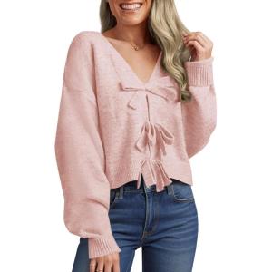 Saodimallsu Womens Bow Sweater Cropped V Neck Long Sleeve Fall Cozy Knit Loose Trendy Pullover Sweaters(Pink)