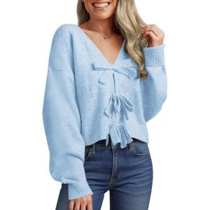 Saodimallsu Womens Bow Sweater Cropped V Neck Long Sleeve Fall Cozy Knit Loose Trendy Pullover Sweaters(Sky Blue)